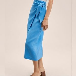 Mango Blue Wrap Linen Midi Skirt